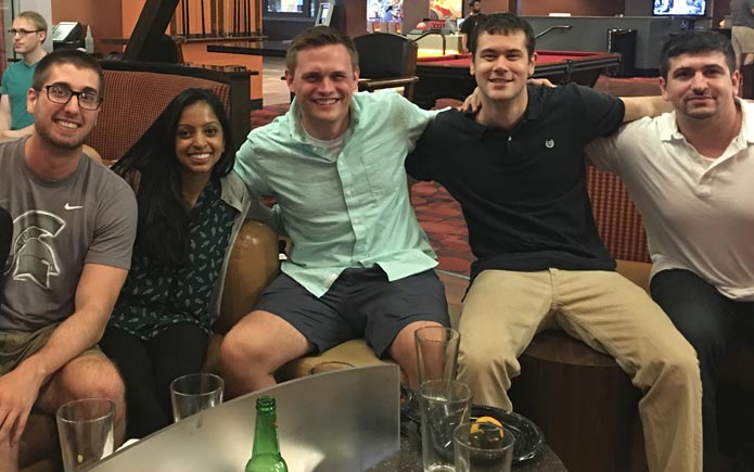 Transitional year and internal medicine residents enjoy a Rock and Bowl Night during orientation.